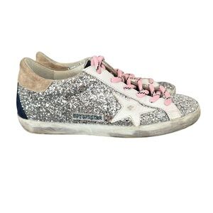 Golden Goose Superstar Suede Glitter Low Top Leather Sneakers Silver Ice Women’s